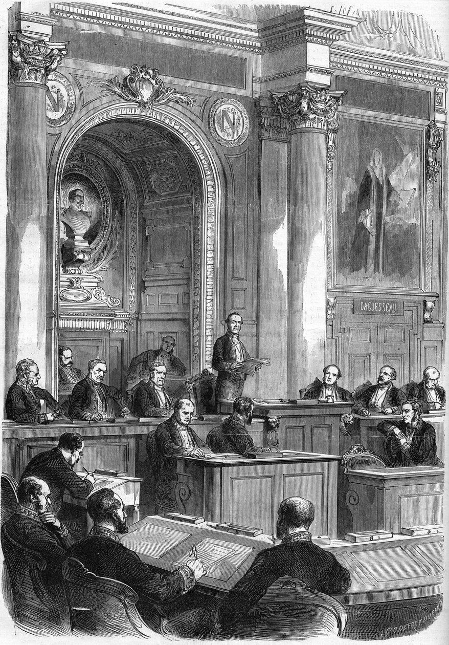 Prosper de Chasseloup-Laubat (Chasseloup Laubat) (1805-1873) tiltrer som president for statsrådet i den store salen i Palace of the Quai d