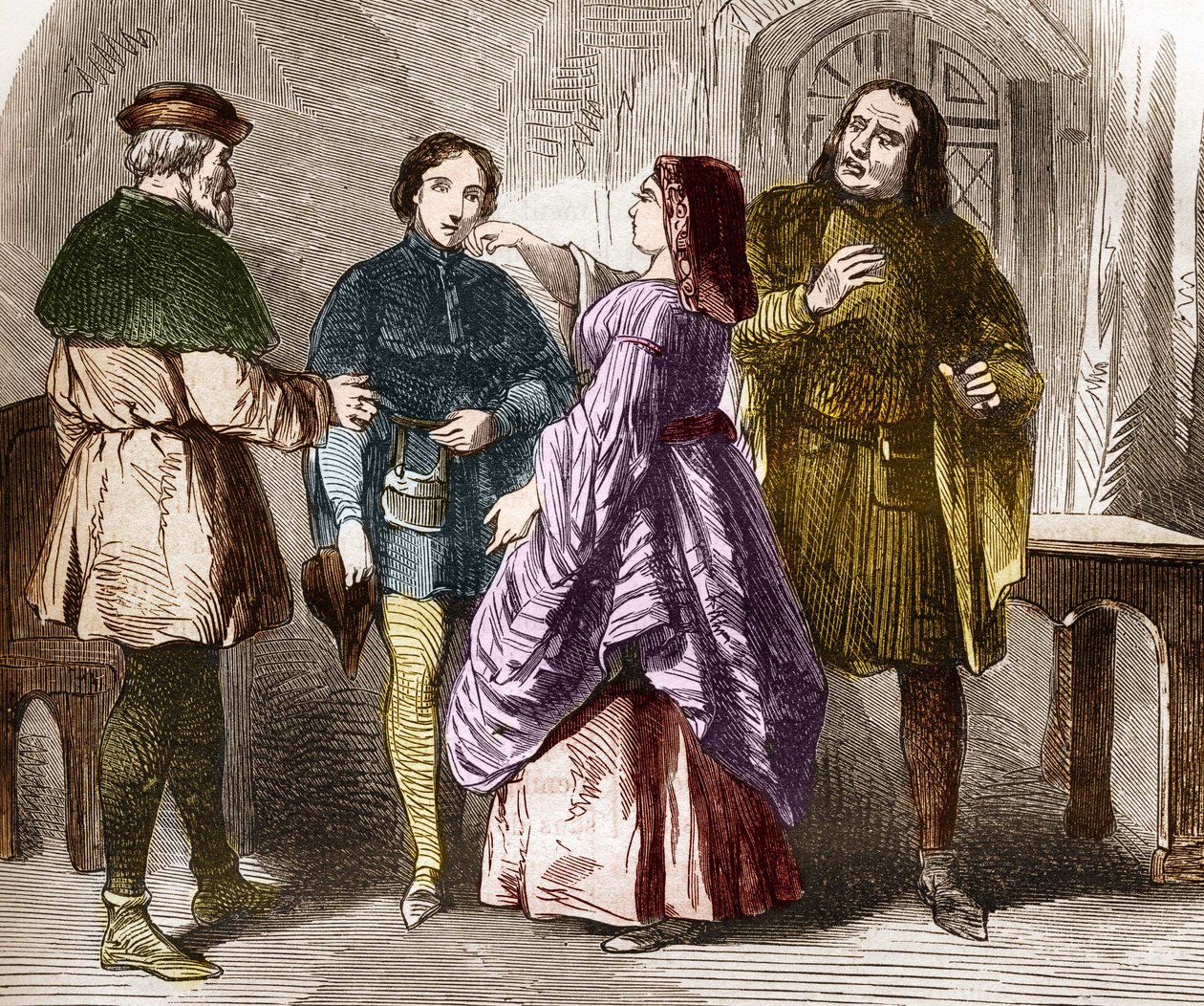 Prostitusjonsscene i Paris på slutten av middelalderen. Inngravering i "Prostitusjonens og utskeielsens historie blant alle verdens folkeslag fra antikken til i dag" av Dr. Th. -F. Debray. 1879. av French School