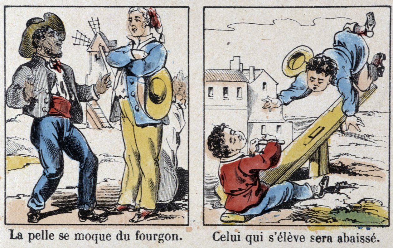 Ordtak i bildet av Epinal: "" spaden spotter varebilen"", "" Den som reiser seg, vil bli senket"" av French School
