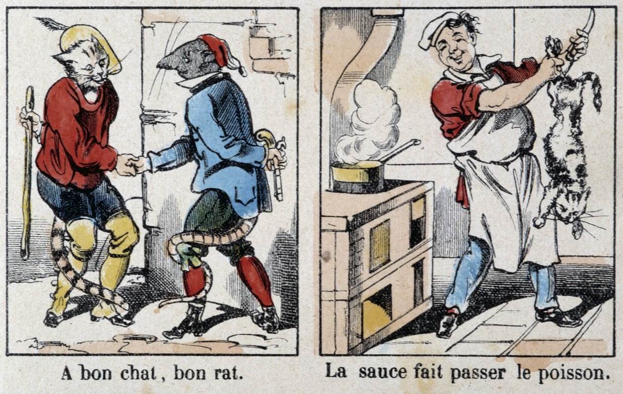 Ordspråk i bilder av Epinal: "" En god katt, god rotte"" og "" Sausen passerer fisken"" - bilde av Epinal, n.d. av French School