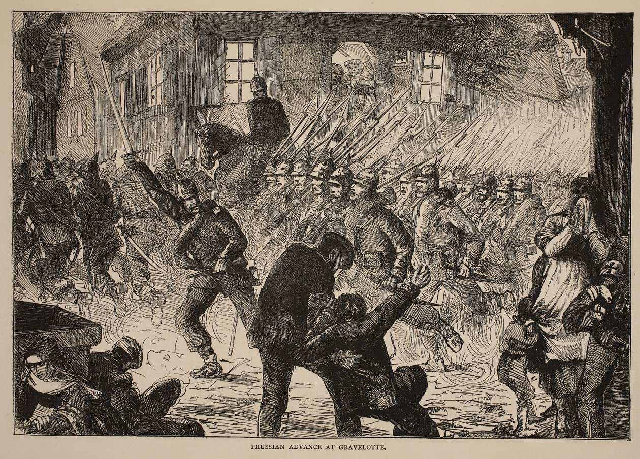 Preussisk fremrykk ved Gravelotte, illustrasjon fra Cassells History of the War between France and Germany, 1870-1871 av French School