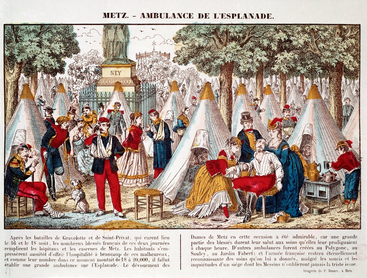 Den prøyssiske krigen: en ambulanse installert på esplanaden for å behandle de sårede i 1870 i Metz (gravering) av French School