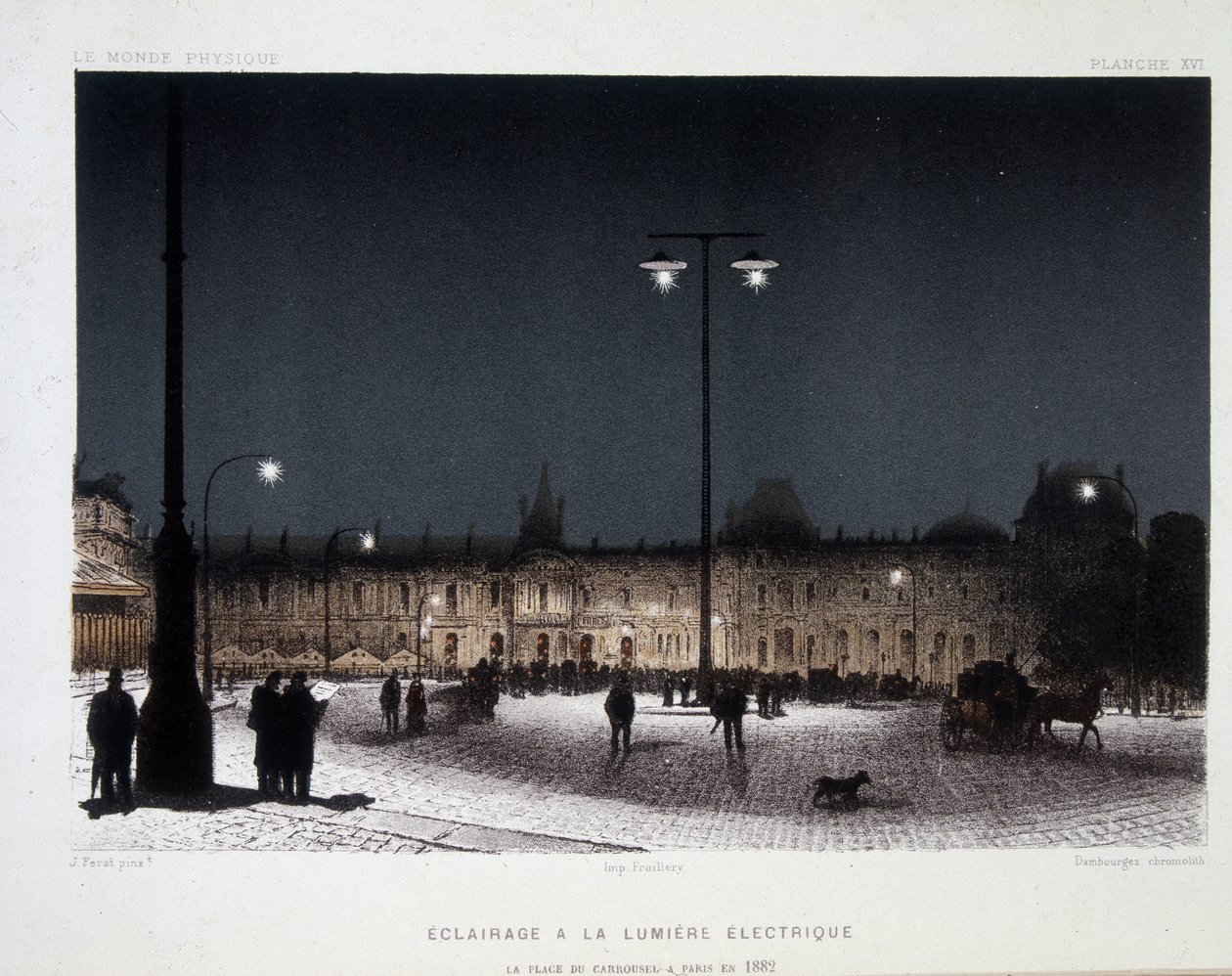 Offentlig belysning med elektrisk lys på place du carrousel i Paris 1883 - i "" Magnetism and Electricite"" av Amedee Guillemin av French School