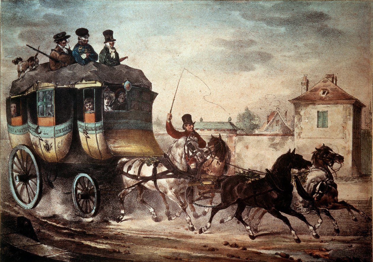 Offentlig transport: Diligence av linjen mellom Paris og Meaux. Illustrasjon av skurk i 1824. Compiegne, Chateau Museum av French School