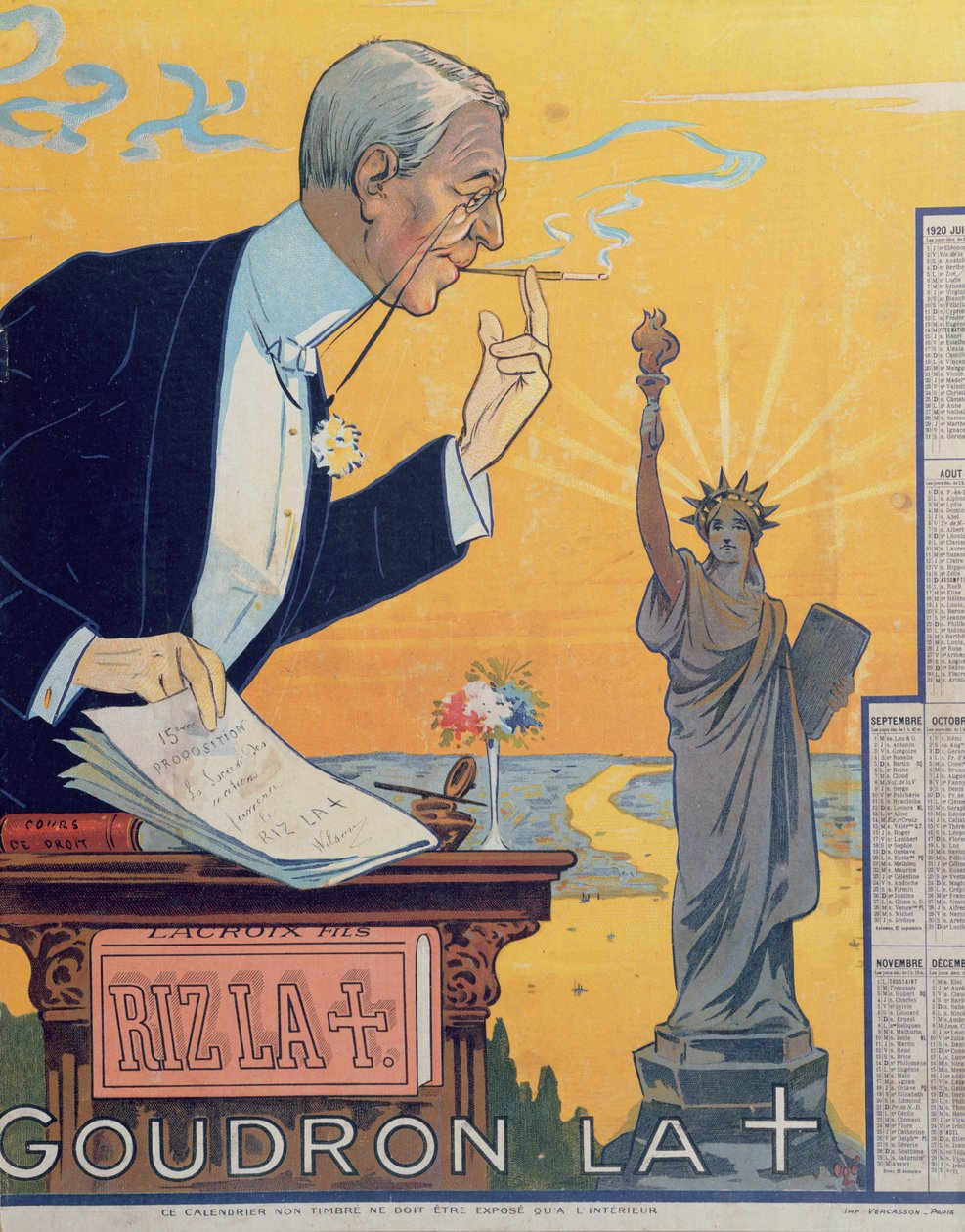 Publisitetskalender for sigarettpapirprodusenten Rizla, som viser president Woodrow Wilson (1856-1924) og den 15. proposisjonen for Folkeforbundet, 1920 av French School