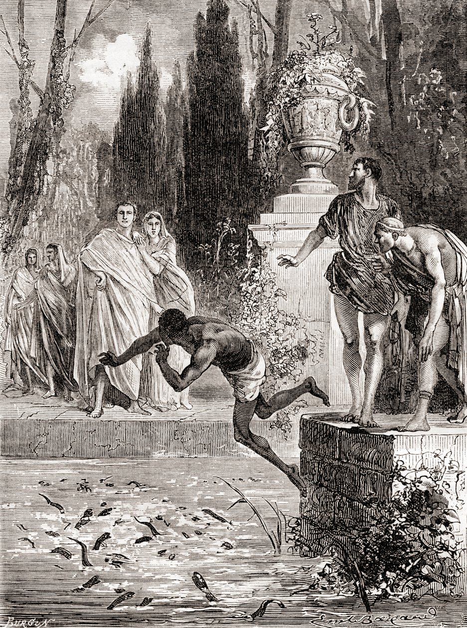 Publius Vedius Pollio, romersk rytter, mater en slave til sine lamprey-ål, fra Les Merveilles de la Science, utgitt ca. 1870 av French School