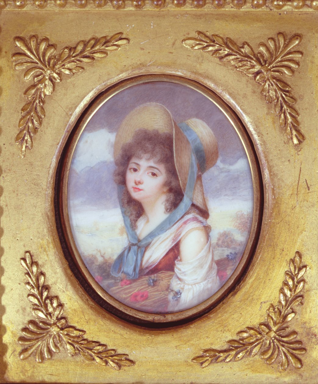 Pulcherie de Valence som bærer en bunke med hvete med valmuer og kornblomster, ca. 1783 (wc) av French School
