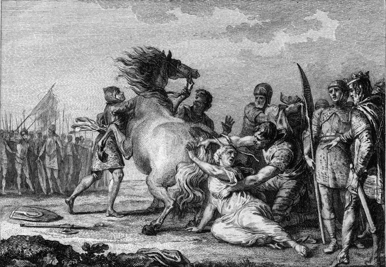 Straff av Brunehaut, 613: Brunehaut eller Brunehilde (543-613), dronning av Austrasia, festes til halen til en ukuelig hest før den blir dratt til bakken. Gravering fra 1700-tallet. av French School