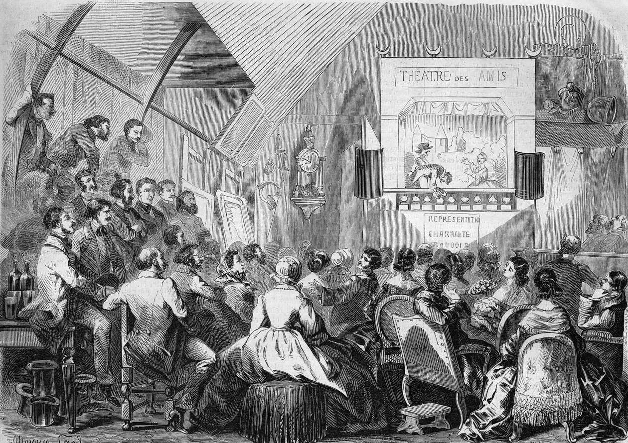 Dukketeater i 1858. Representasjon i verkstedet til Maurice Sand (1823-1889) 12 rue Boursault i Paris. av French School