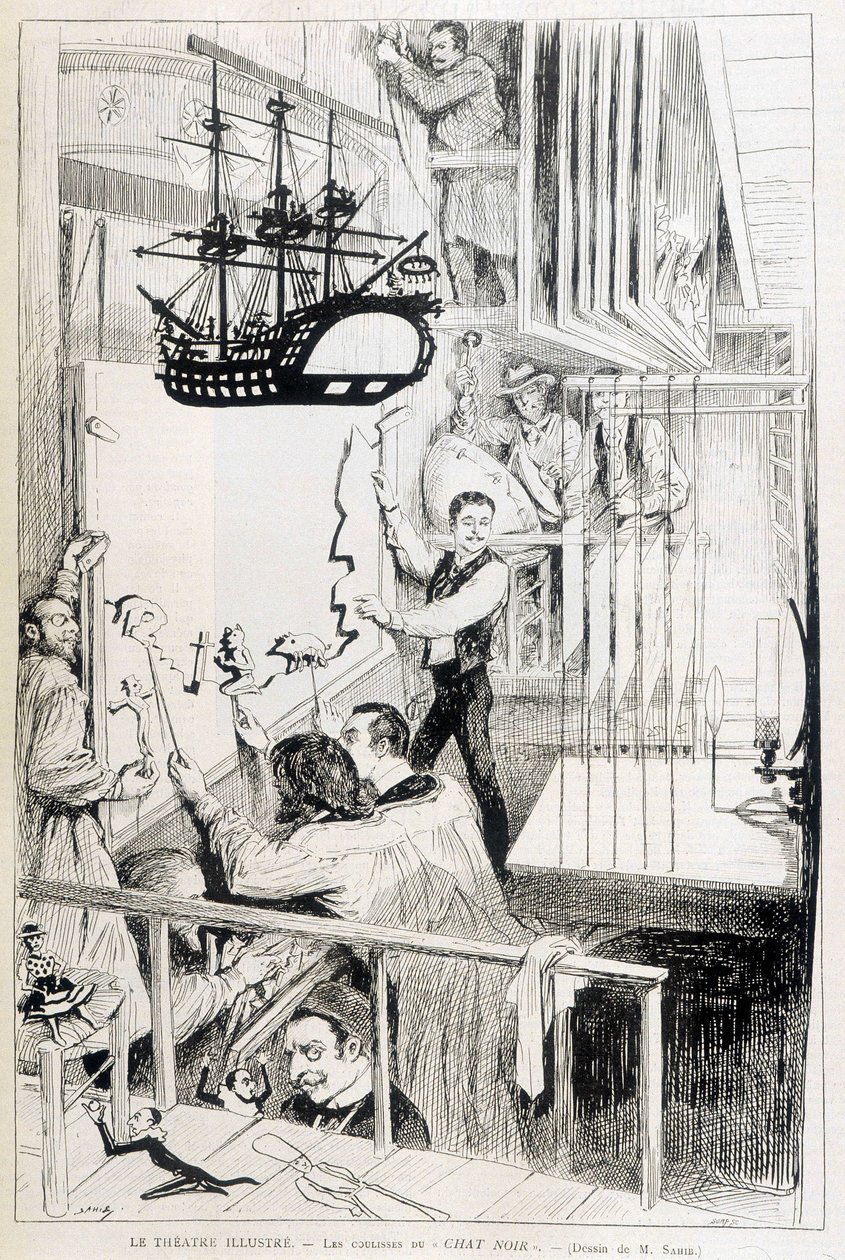 Dukkespillere bak kulissene til Chat Noir, parisisk kabaret - i "Le Monde illustré"" fra 28.01.1888. av French School