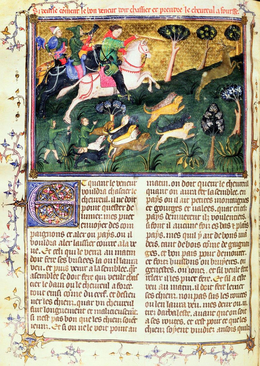 Jakten på en rognbukk, fra Livre de la Chasse, originaltekst skrevet av Gaston III, Comte de Foix Phebus le Chasseur (1331-91) Avignon, 1387-89 (gouache på pergament) av French School