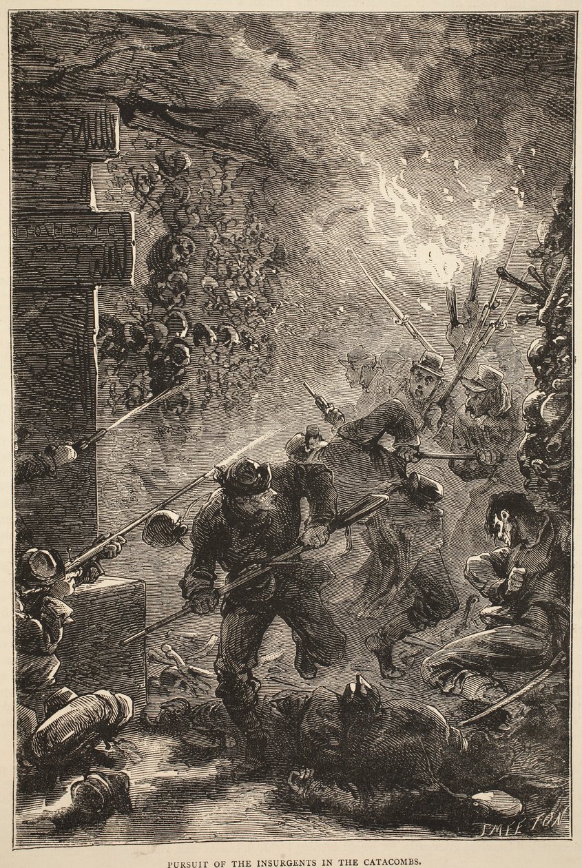 Pursuit of the Insurgents in the Catacombs, mai 1871, illustrasjon fra Cassells History of the War between France and Germany, 1870-1871 av French School