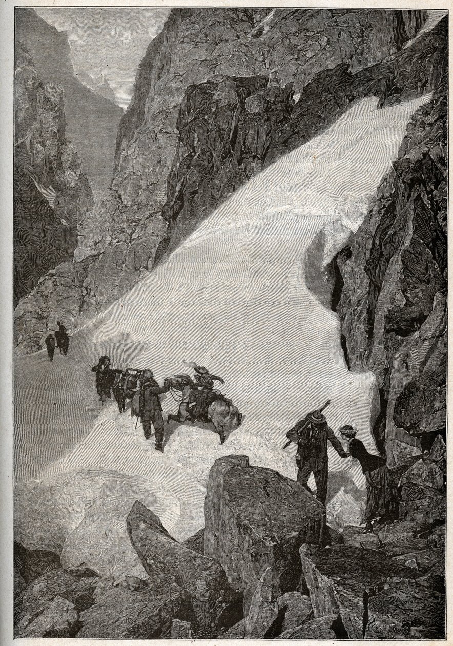 Pyreneene - bestigning av Pic du Midi - gravering i "" PATRIE" - PIKKEBESKRIVELSE AV FRANKRIKE I 6 BIND AV LUCIEN HUARD - slutten av 1800-tallet av French School