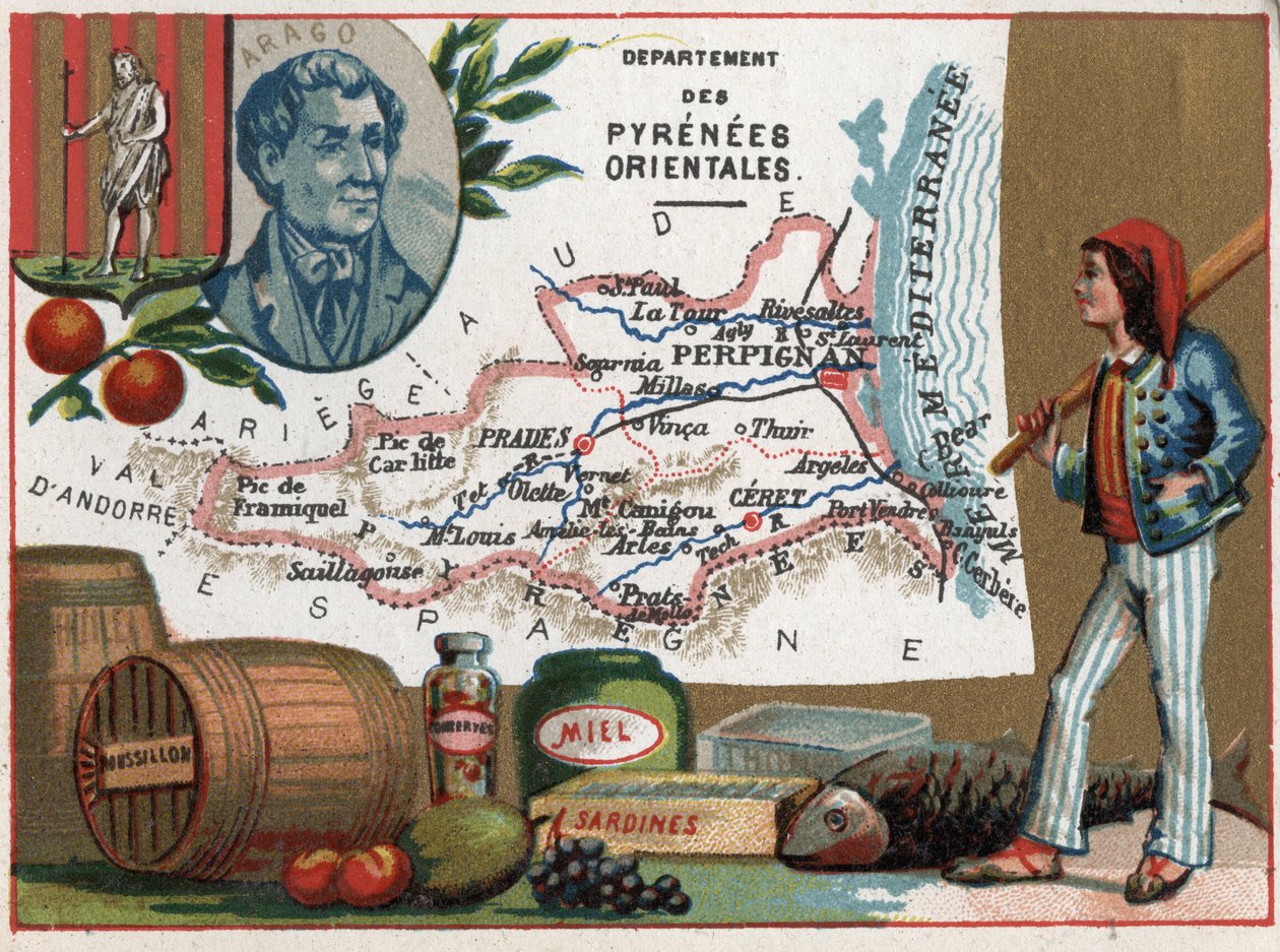 Pyrenees Orientales (66), Languedoc-Roussillon, Languedoc Roussillon, Frankrike. Portrett av Dominique Francois Jean Arago (1786-1853). Lokal spesialitet: Honning og sardiner. Serie om de franske avdelingene. Chromolithography (Chromo) "" den geo av French School