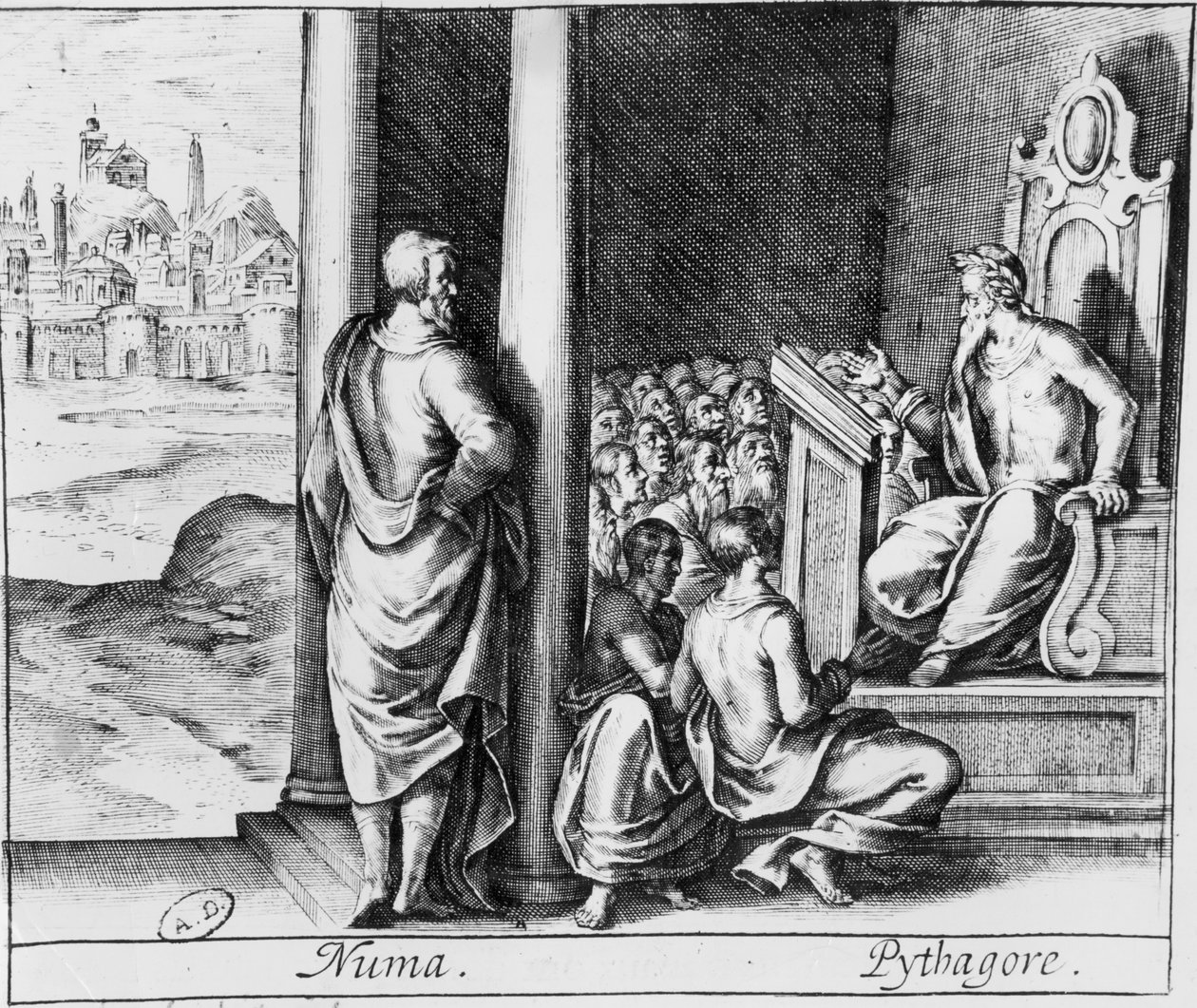 Pythagoras (ca. 570-480 f.Kr.) underviste en klasse med elever, illustrasjon fra Ovids Metamorphoses av French School