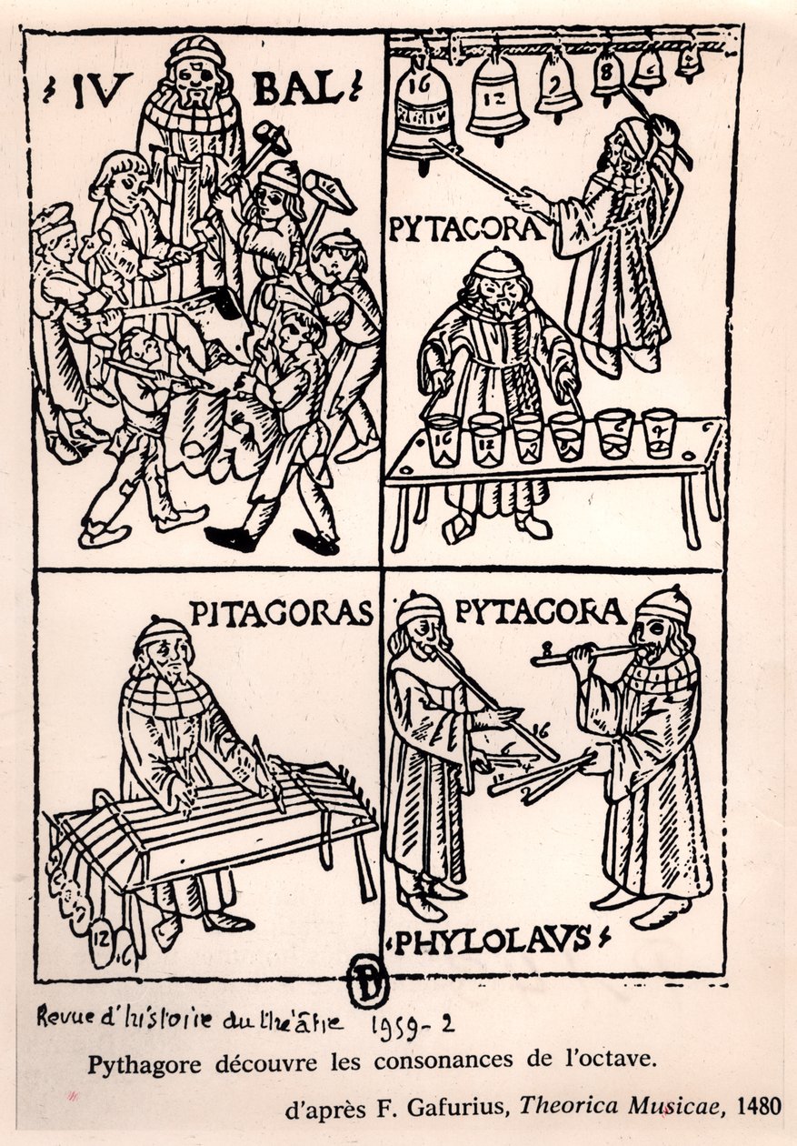 Pythagoras (ca. 580-500 f.Kr.) oppdager konsonansene til oktaven, fra Theorica Musicae av Franchino Gaffurio, først utgitt i 1480, fra Revue de lHistoire du Theatre, 1959 (bw phot av French School