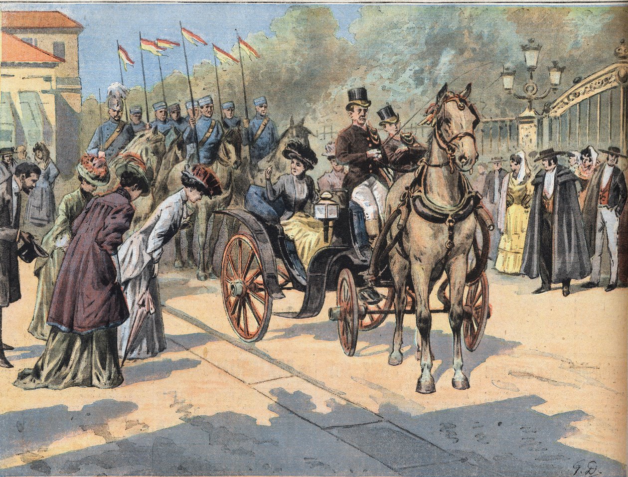 Dronning Marie Christine de Teschen (1858-1929) hilser dronningene av Paris Marches, fra avisen "Le Petit Parisien" " av French School