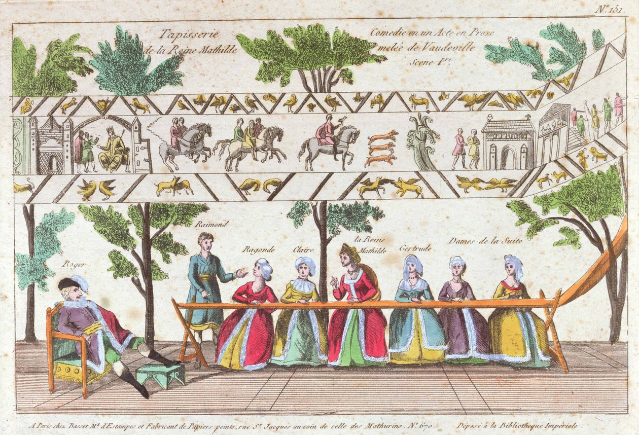 Dronning Mathilda og hennes tjenere vever Bayeux-teppet, scene fra en Vaudeville-forestilling av French School