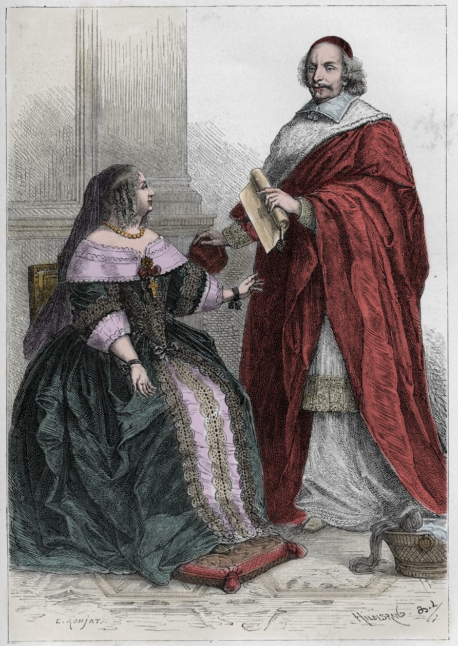 Dronning av Frankrike Anne av Østerrike (1601-1666) og kardinal Jules Mazarin (Giulio Raimondo Mazzarino eller Mazarino) (1602-1661 - Anne av Østerrike (1601-66) med kardinal Mazarin (1602-61) - gravering fra "" L