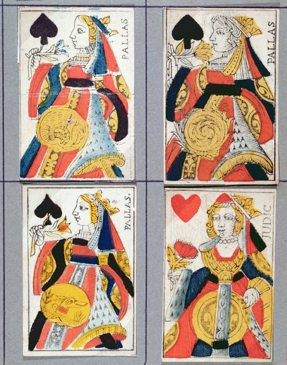 Spardronning og Hjertedronning spillekort, 1600-1700-tallet (farget tregravering) av French School