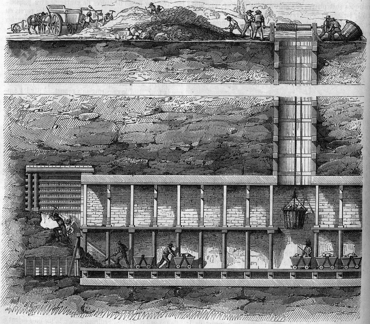 Jernbane: tverrsnitt av en uttak og tunnelbrønn brukt ved boring av tunnel. Gravering i "" Le Magasin pittoreske"" av French School