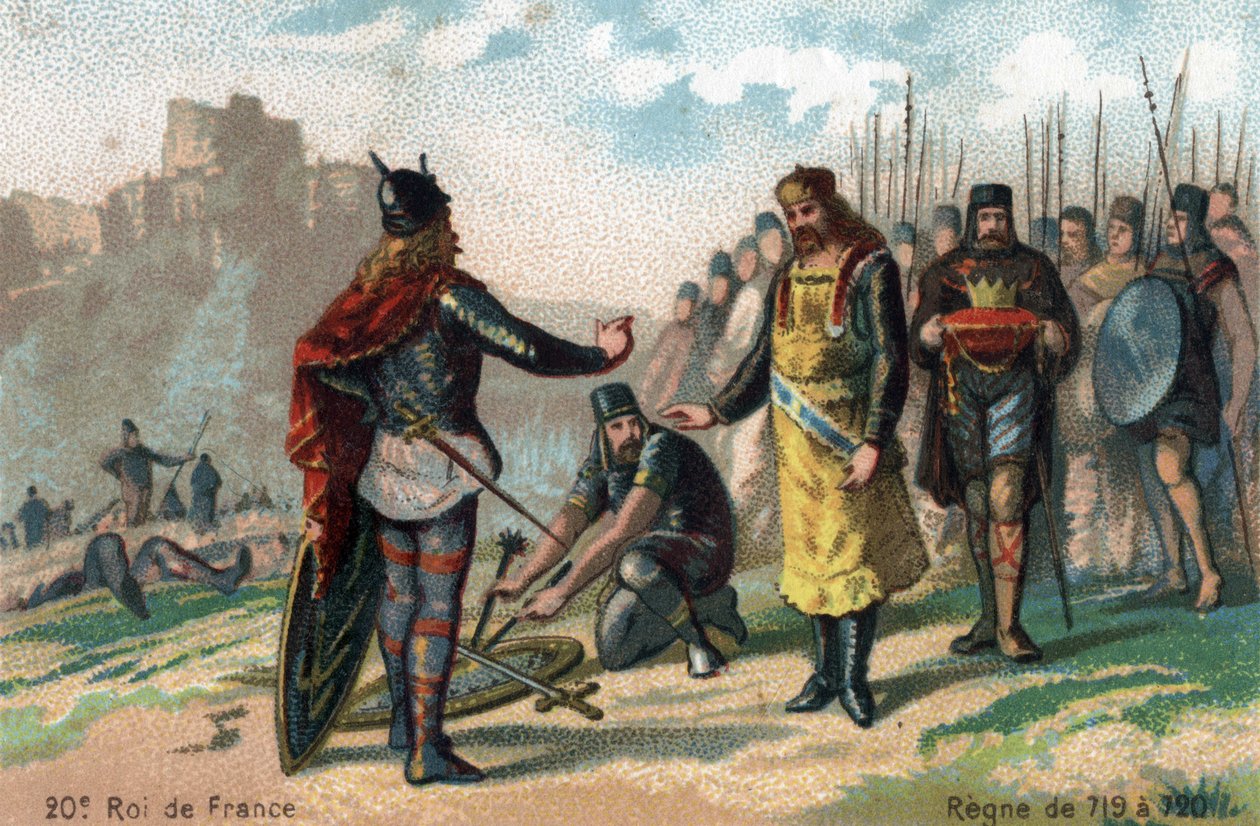 Rainfroy (Rainfroi), beleiring av Charles Martel ved Angers, capitule, ca. 717. Kromolitografi rundt 1890. av French School