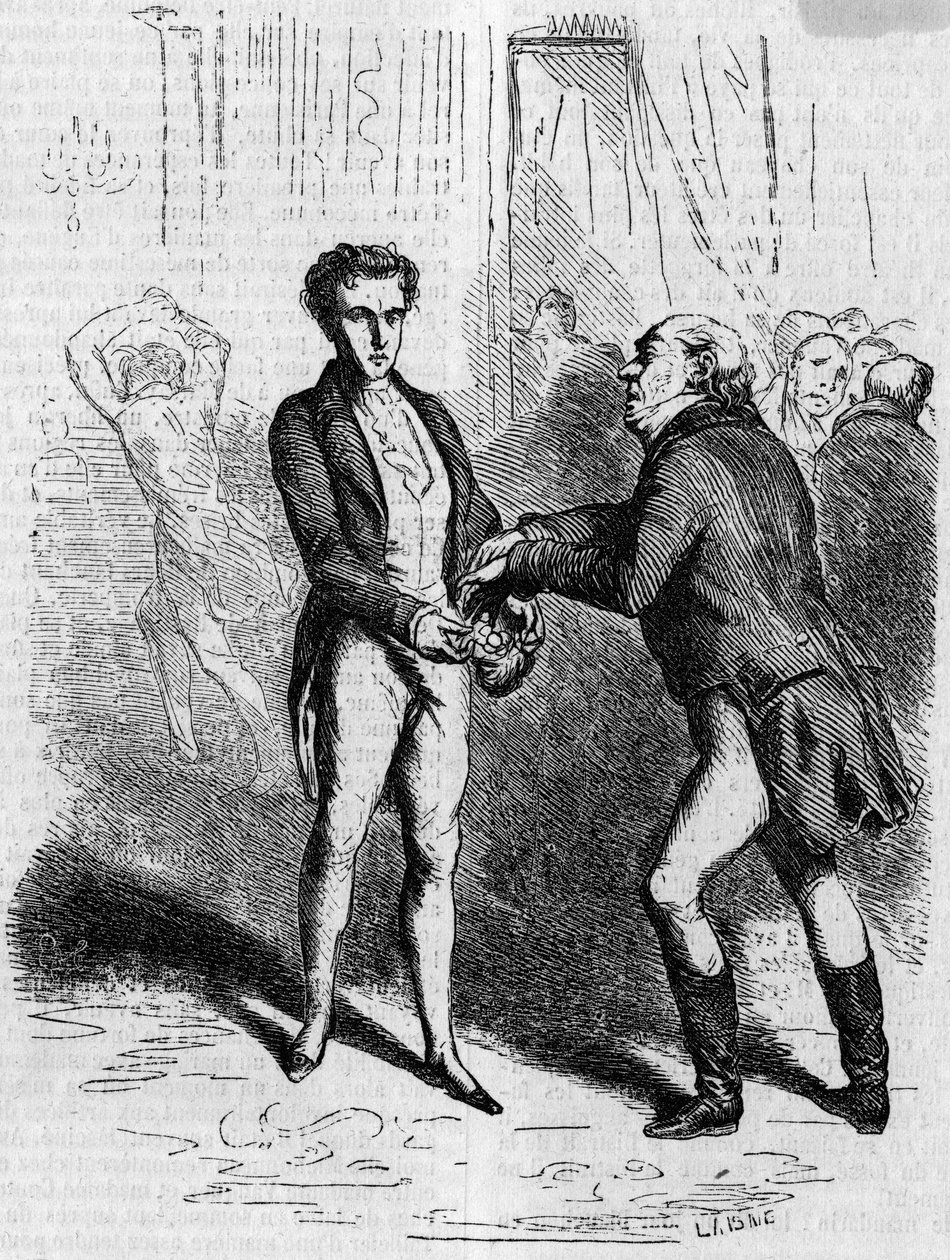 Rastignac dizzy lets the white-haired man take ten louis. Engraving mid 19th century. Illustration for “The Father Goriot” by Honore de Balzac (1799-1850). av French School
