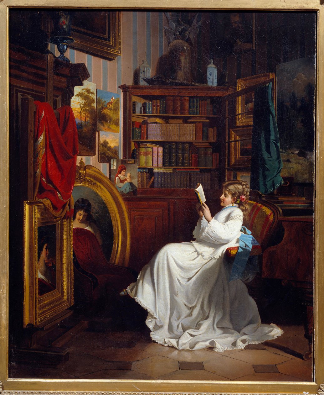 Leser en jente som leser en bok på et kontor. Maleri av den franske skolen. Privat samling fra 1800-tallet av French School