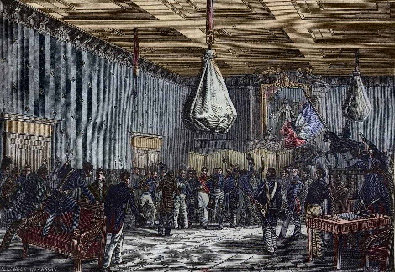 Reading the Address of the Chamber of Deputies at the Hotel de Ville, Paris on 31 July 1830 - Louis-Philippe (1773-1850), King of the French (1830-48); proclaimed king by Chamber of Deputies and offered throne in return for limitation of powers; following  av French School