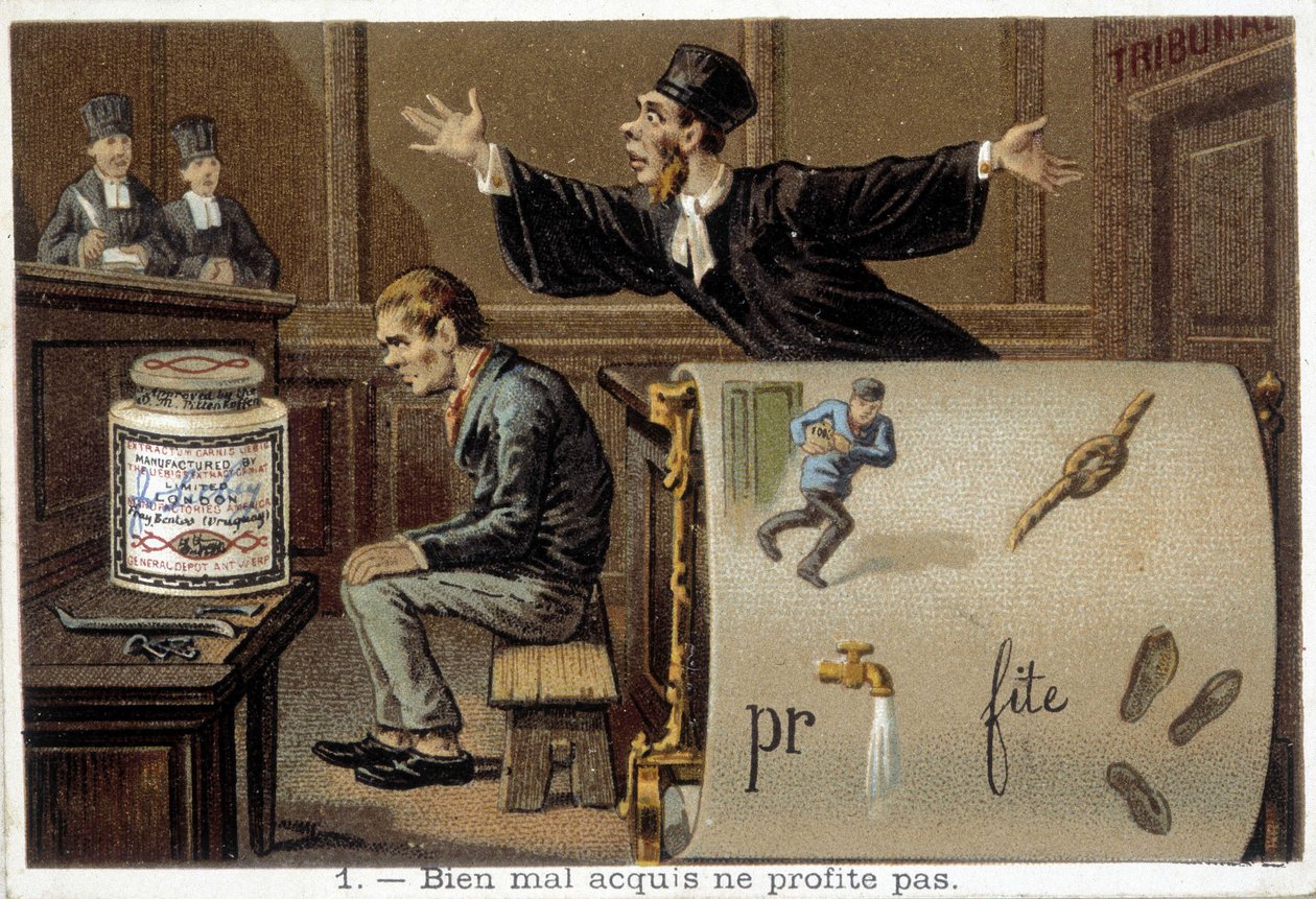 Rebus og scene som illustrerer ordtaket "Well mal acquis ne jamais profit" - chromo. Liébig av French School