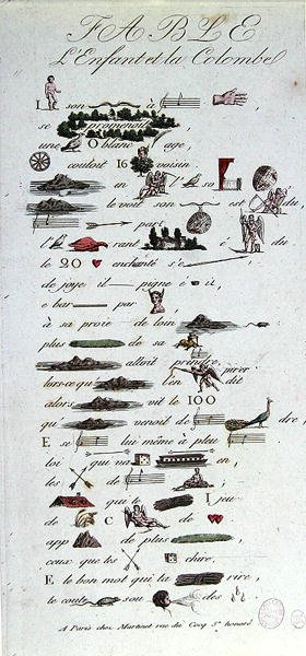 Rebus som skildrer Fable of the Child and the Dove, tidlig på det nittende århundre (fargegravering) av French School