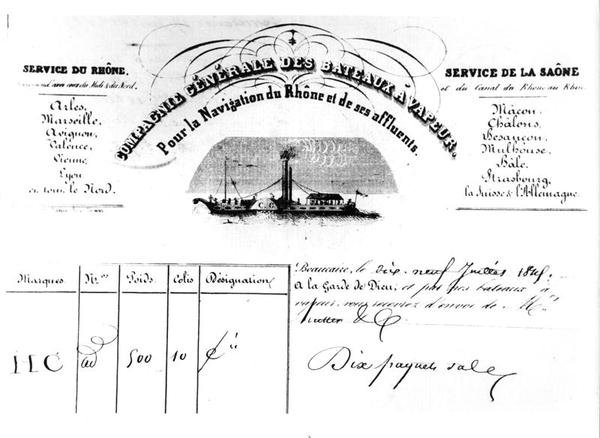 Kvittering for varer utstedt av Compagnie Generale des Bateaux Vapeur Pour la Navigation du Rhone og dets sideelver av French School