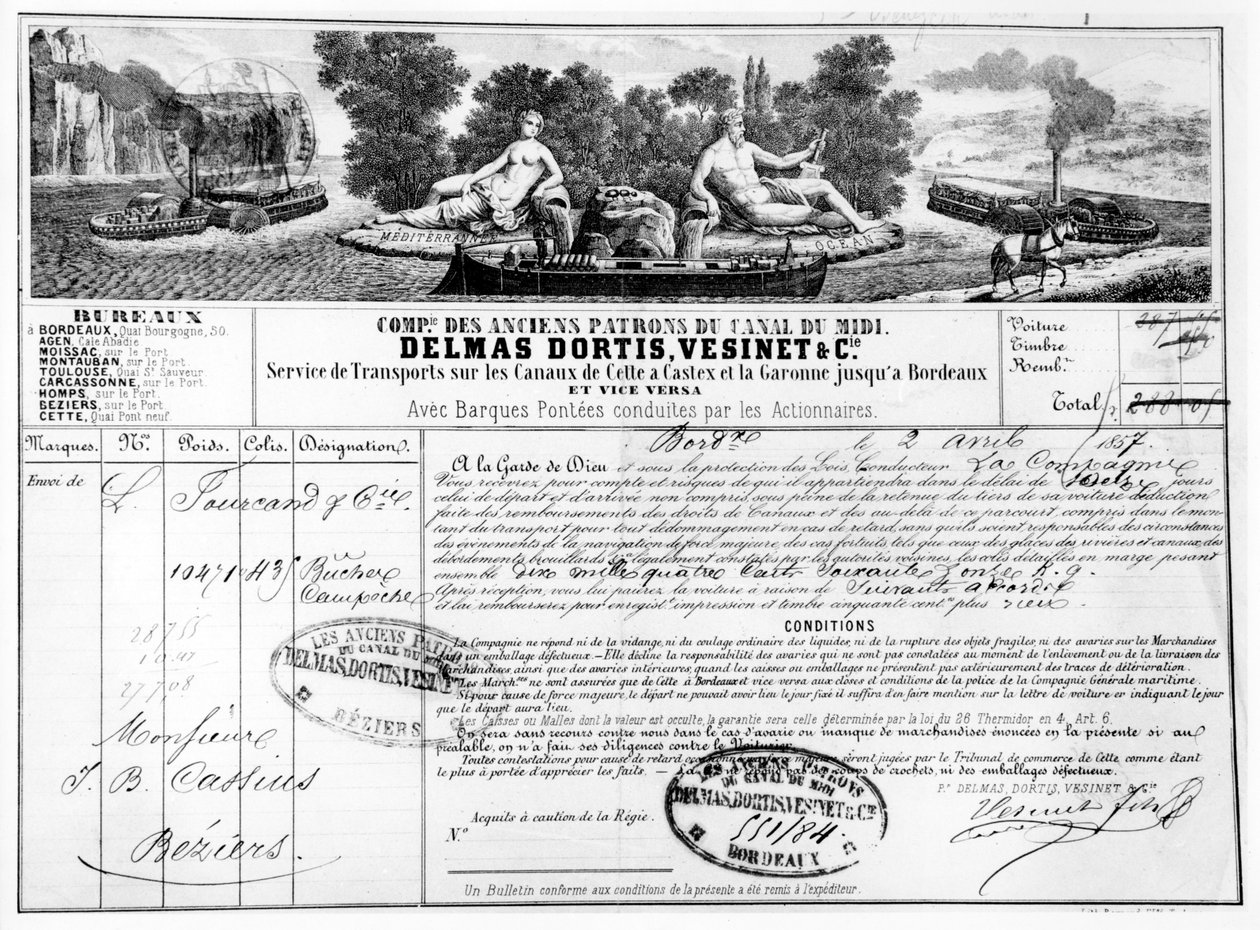 Kvittering utstedt av Compagnie du Canal du Midi for transport av varer fra Bordeaux til Beziers, 1857 (bw-foto av gravering) av French School