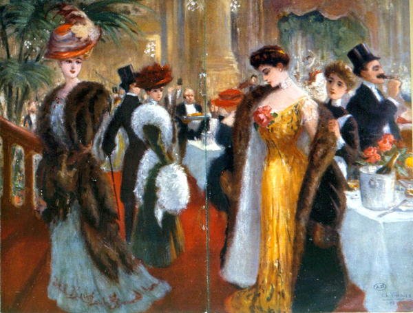 Mottakelse i Paris ca. 1905-10 (farge litho) av French School