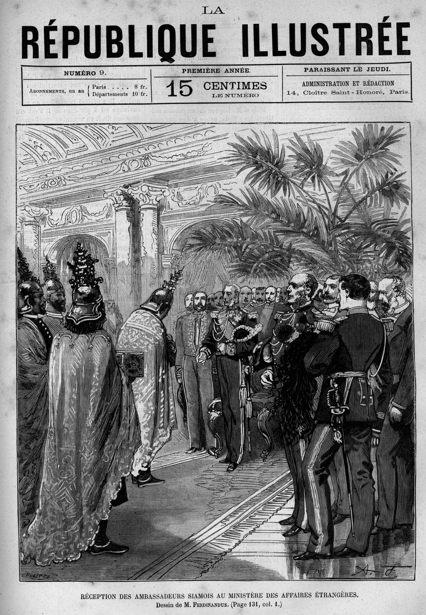 Mottak av siamesiske ambassadører til Utenriksdepartementet. En avis. Gravering fra 1880 i "La republique illustree"" privatsamling. av French School