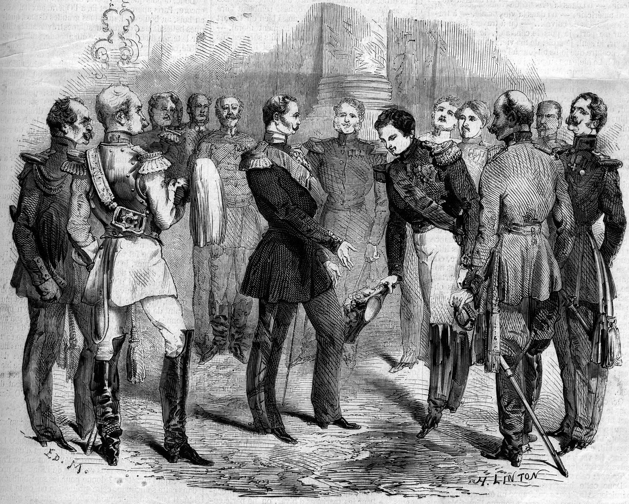 Mottakelse av den franske keiseren Napoleon III (1808-1873) av den russiske tsaren Alexander II (1818-1881) i Warszawa (Polen) av French School