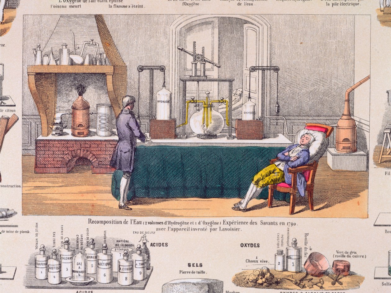 Rekomponering av vann fra hydrogen og oksygen: Antoine Laurent de Lavoisier (1743-94) eksperimenterer med respirasjonen til en hvilende mann, illustrasjon fra en pedagogisk plate, ca. 1860 (fargegravering) av French School