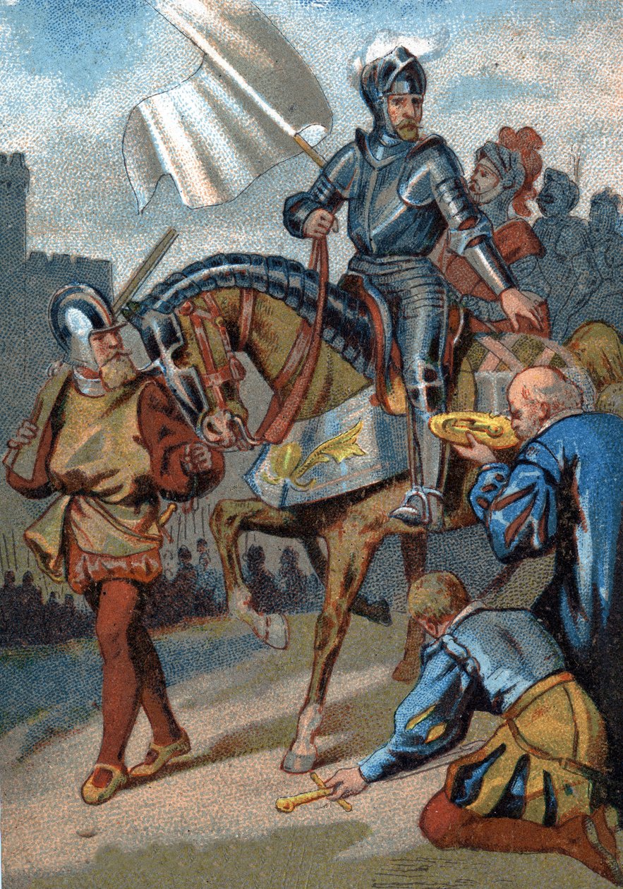 Gjenoppretting av Calais over engelskmennene av hertugen av Guise i 1558. Chromolithography of the Series "" Patriotic Education through Image"". av French School