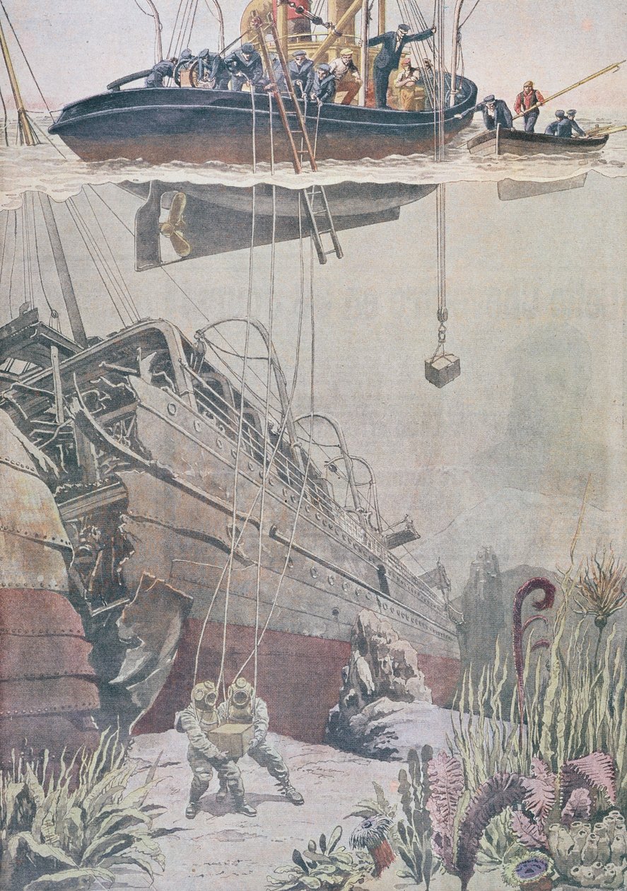 Gjenvinning av skatter fra vraket av Oceana, illustrasjon fra Le Petit Journal, 1912 av French School