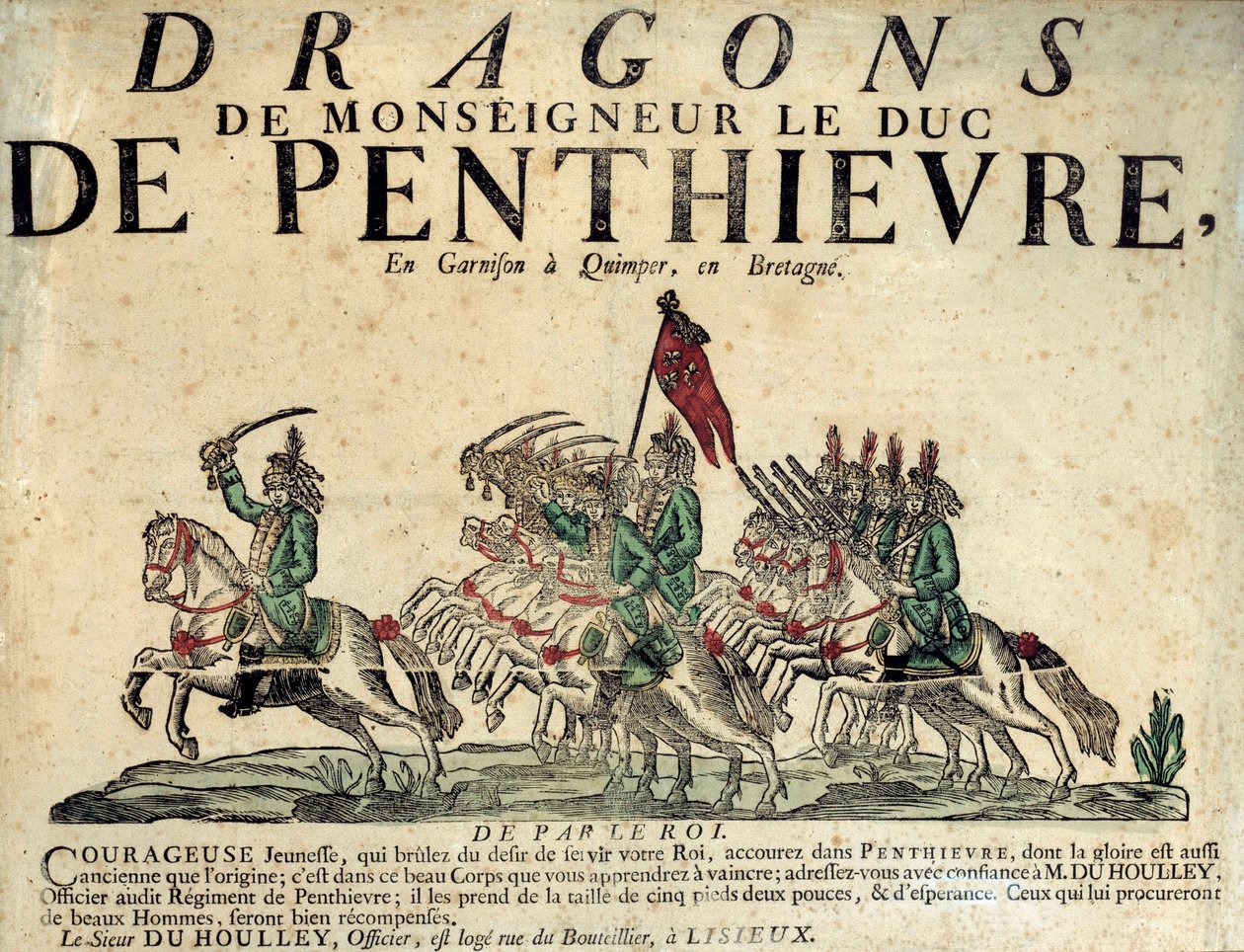 Rekrutteringsplakat av et regiment av drager av Monsignor hertugen av Penthievre. 18. århundre. Paris, Musee de l'Armee av French School