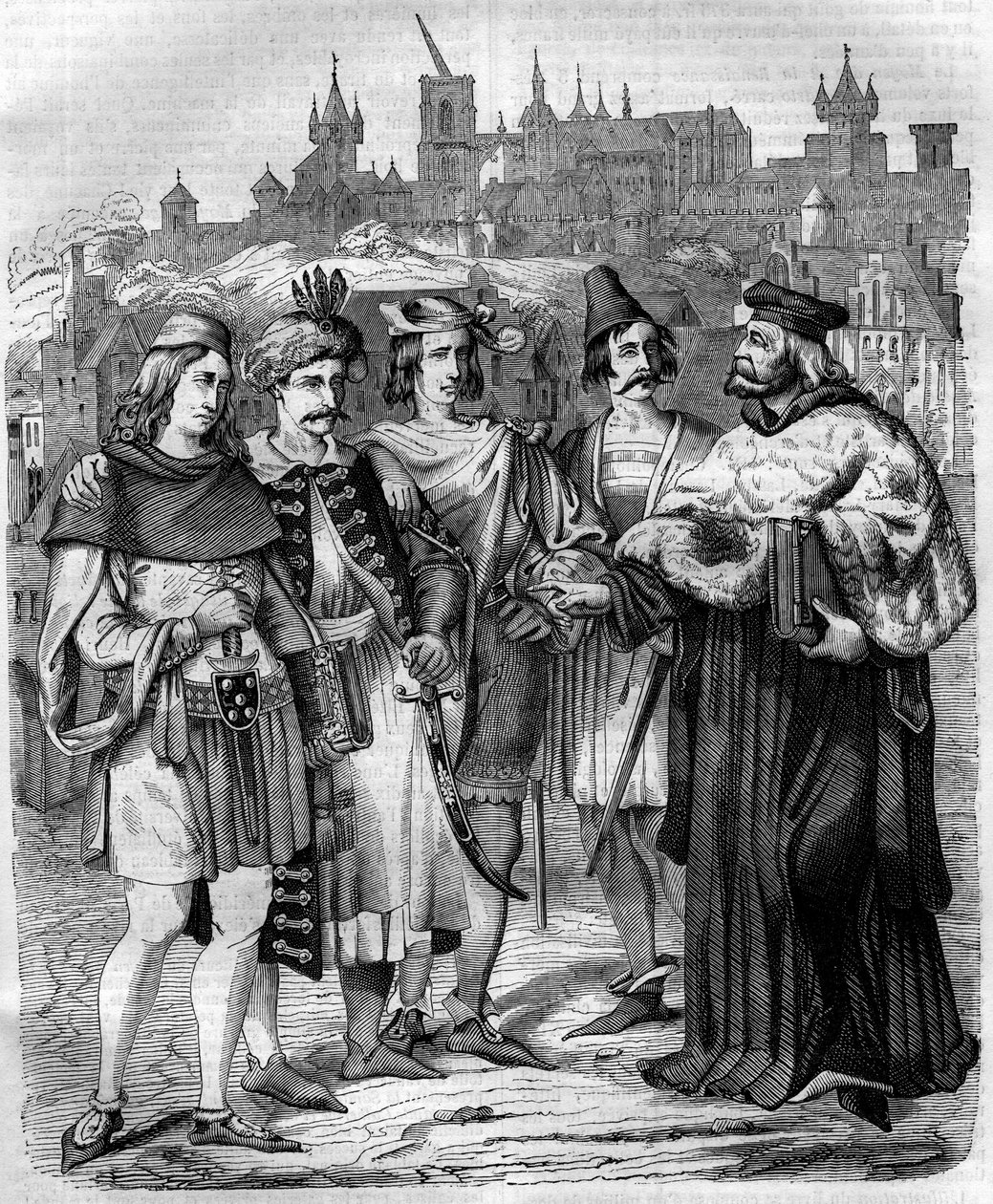 Rektor og studenter fra forskjellige nasjoner ved universitetet i Praha på 1600-tallet. Gravering fra 1852. av French School