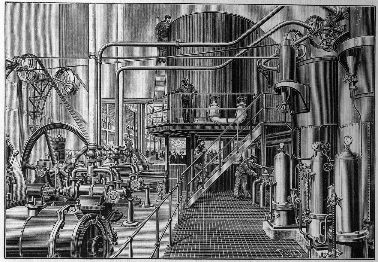 Refrigerated machinery room of the artificial ice skating room “” Le pole nord”” in the rue de clichy in Paris in 1892. av French School