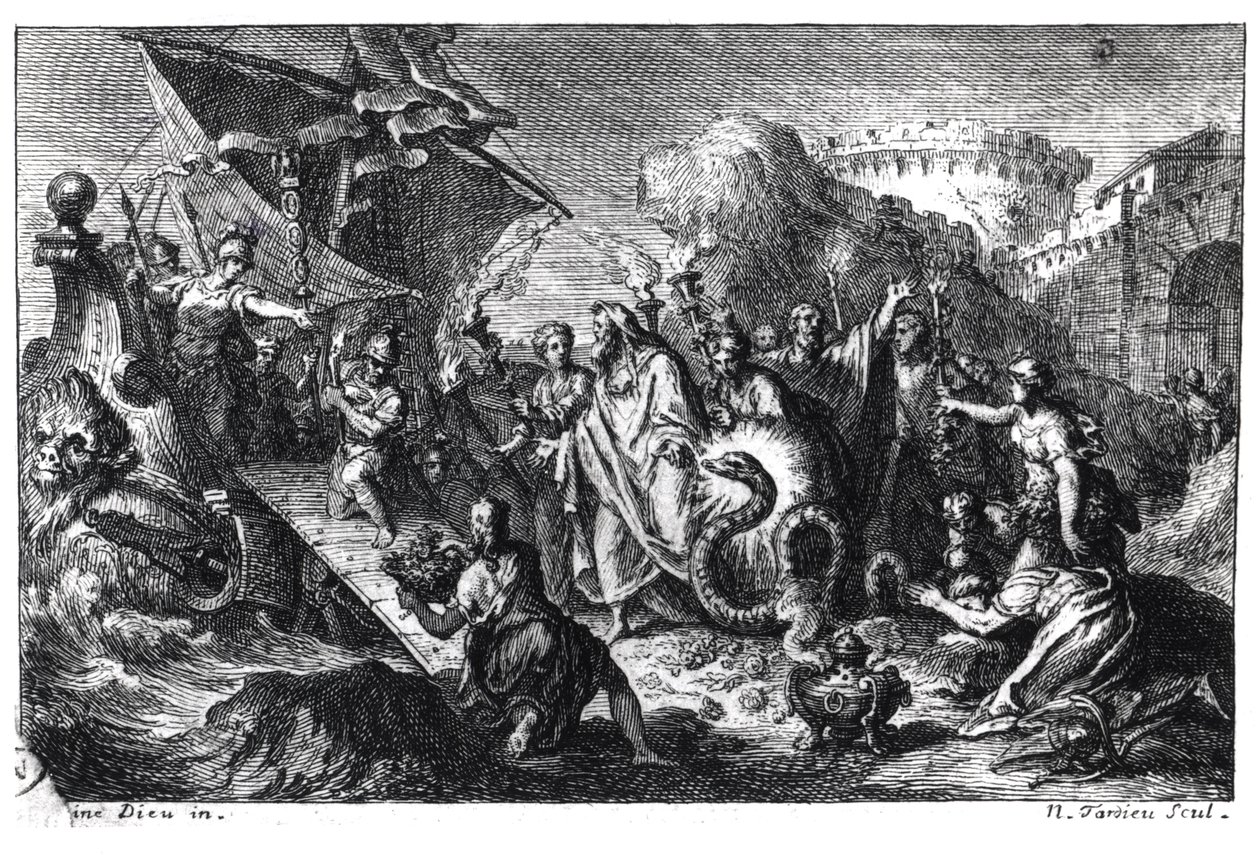 Reinkarnasjon av Asclepios som en slange på tidspunktet for ankomsten av hans kult til Roma fra Hellas i 293 f.Kr. av French School