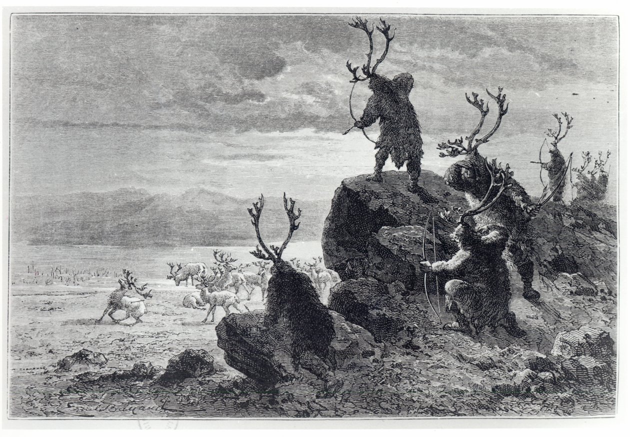 Reinsdyrjakt i steinalderen, illustrasjon fra LHomme Primitif, av Louis Figuier (1819-94) utgitt av Hachette, 1870 av French School