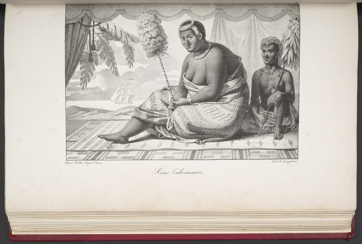 Reine Cahoumanou, Inhabitants of the Sandwich Islands, fra Picturesque Travel Around the World, med portretter av villmenn fra Amerika, Asia, Afrika og øyene i det store hav; landskap, havutsikt og flere naturhistoriske gjenstander; av French School