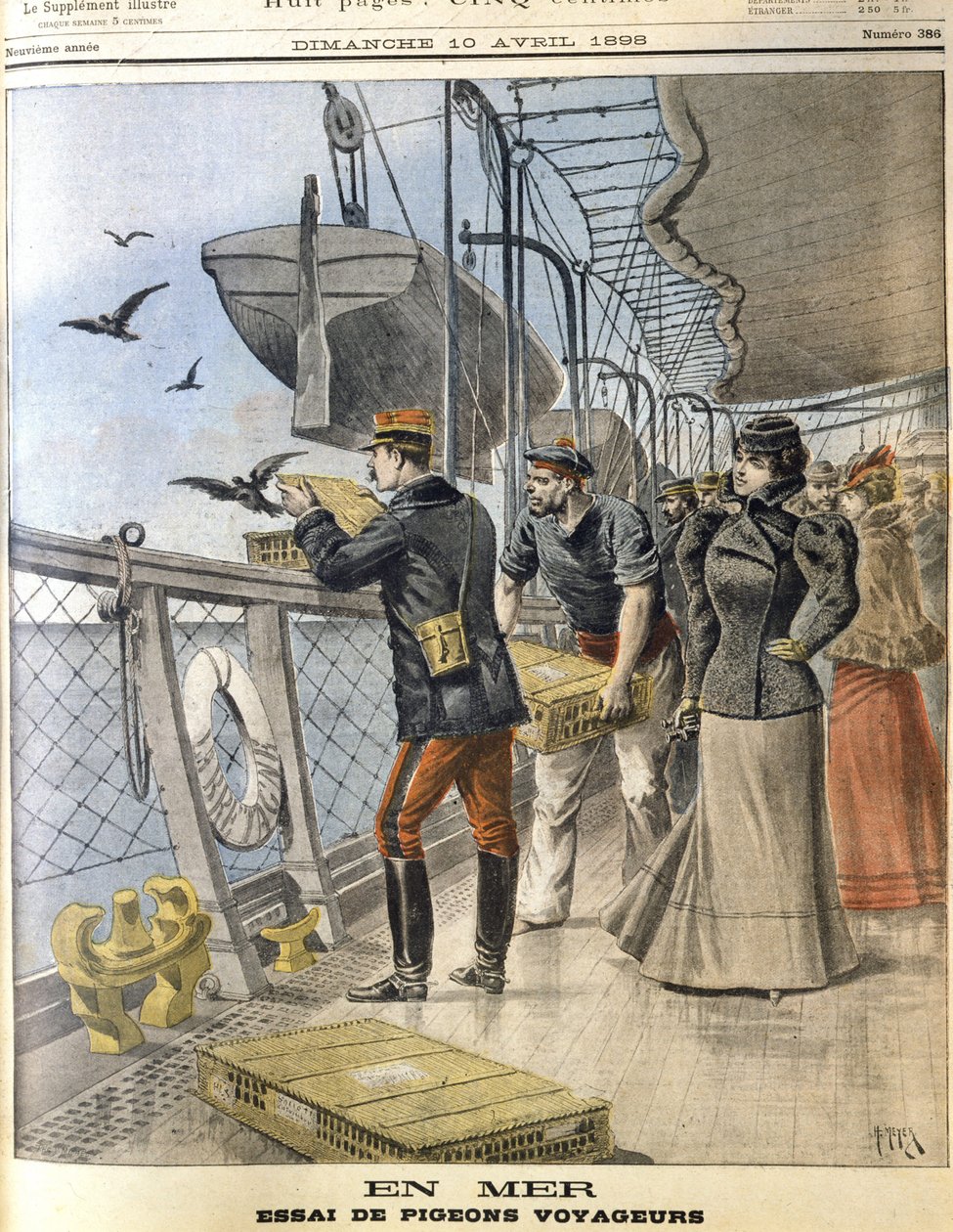 Slipper ut den franske hæren som søker duer om bord på det transatlantiske ruteskipet La Bretagne mellom Le Havre og New York av French School