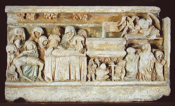 Relieff som viser scener fra Kristi lidenskap: Pieta, gravleggingen og de hellige kvinnene ved graven av French School
