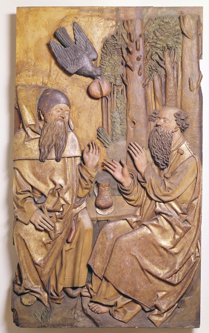Relieff som viser St. Anthony på besøk til St. Paul i ørkenen, fra Chapale of the Old Hospital i Colmar (forgylt tre) av French School
