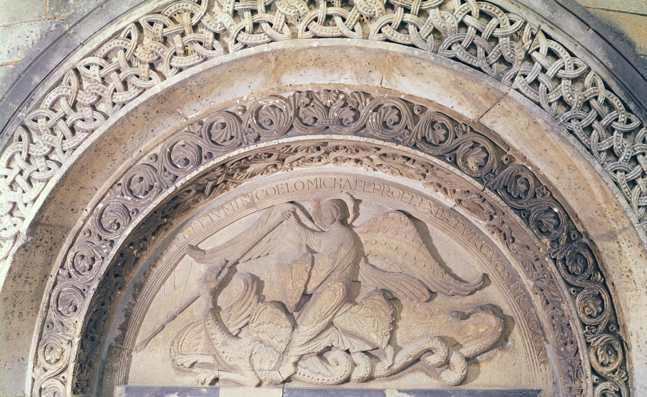 Relieff fra tympanon som viser St. Mikael og dragen, 1137 av French School