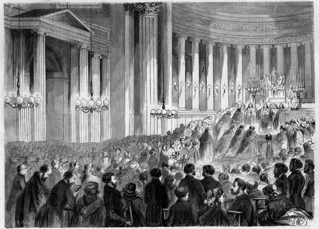 Religiøs seremoni, Paris, Noel 1857: feiring av midnattsmesse ved Madeleine-kirken. Gravering i "" Le Monde Illustré"" nr. 38 av 2. januar av French School